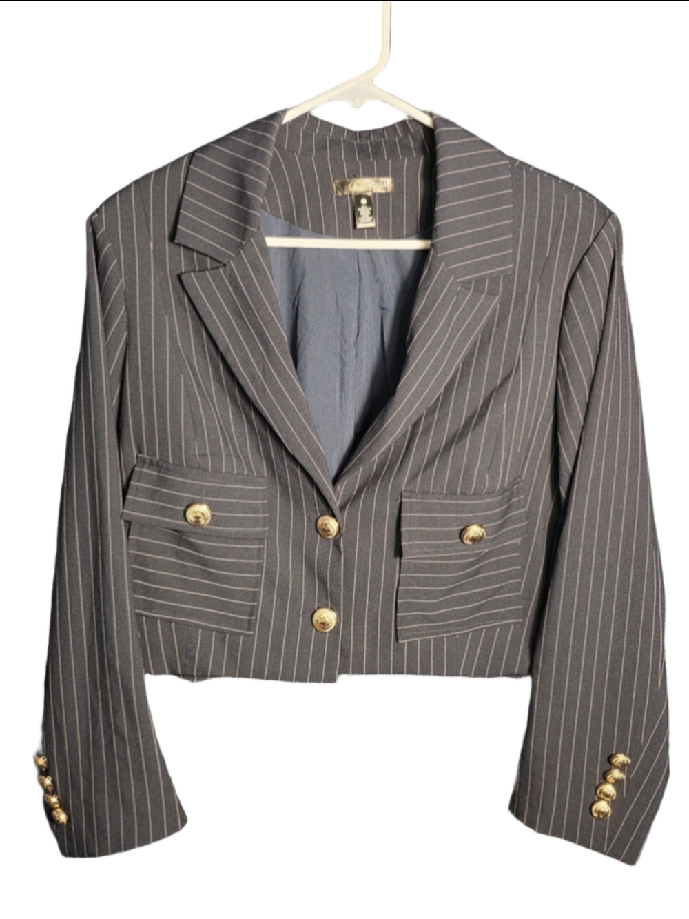 Women's Aqua Pinstripe Cropped Blazer, navy and White, Size L coastal formal